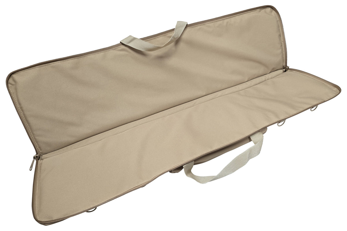 Dulcimer carrying case, tan, embroidered Folkcraft Instruments logo, open, interior view