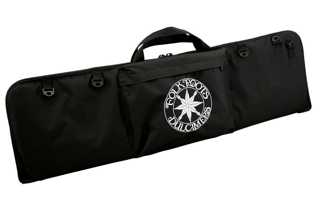 Dulcimer carrying case, black, embroidered FolkRoots Dulcimers logo, front view