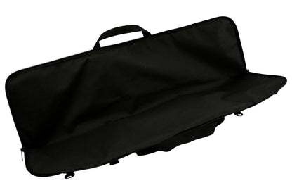 Dulcimer carrying case, black, embroidered FolkRoots Dulcimers logo, open, interior view