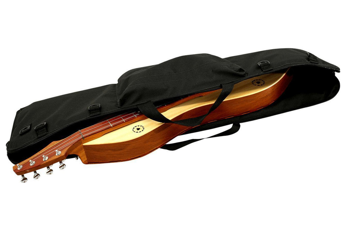 Dulcimer carrying case, black, embroidered FolkRoots Dulcimers logo, partly unzipped with a mountain dulcimer inside