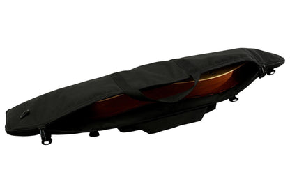 Dulcimer carrying case, black, embroidered FolkRoots Dulcimers logo, back, partly unzipped with a mountain dulcimer inside