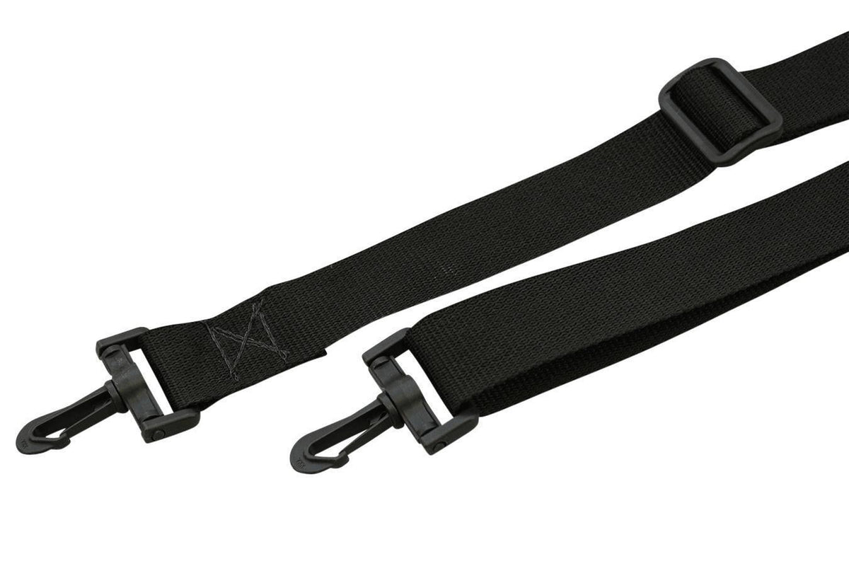 Dulcimer carrying case, black, embroidered FolkRoots Dulcimers logo, shoulder strap detail