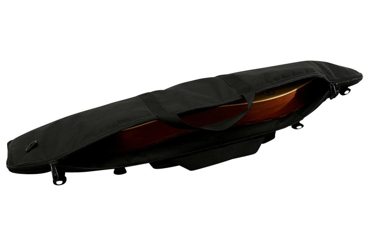 Dulcimer carrying case, no logo, black, back, partly unzipped with a mountain dulcimer inside