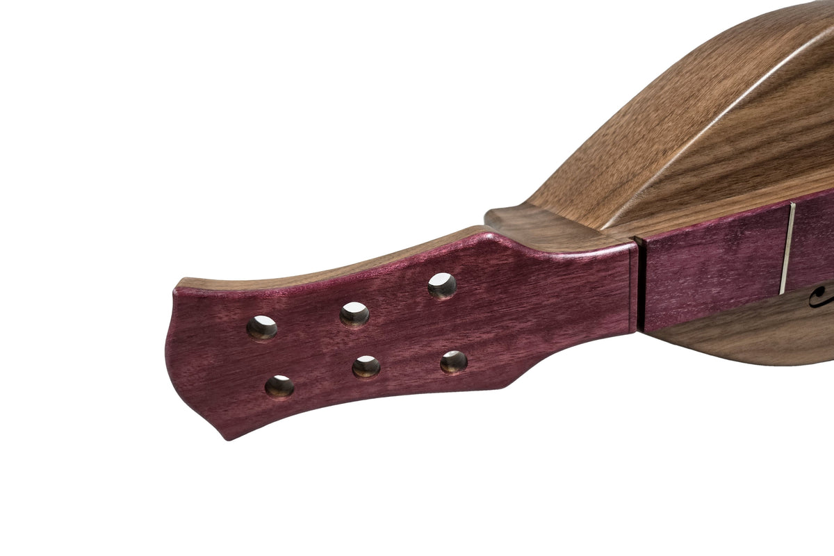 Folkcraft Resonator mountain dulcimer, walnut body, walnut top, head detail