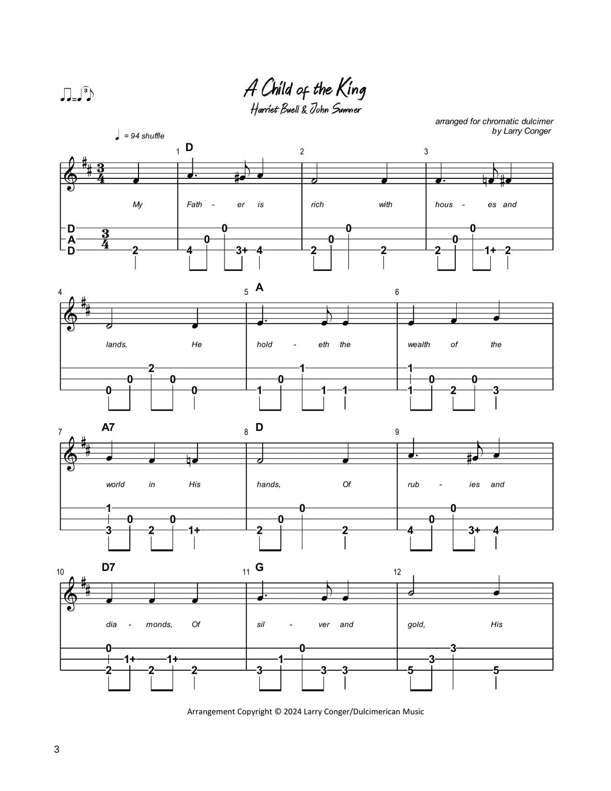 A Child Of The King in mountain dulcimer tab, from Hymns For Chromatic Mountain Dulcimer by Larry Conger