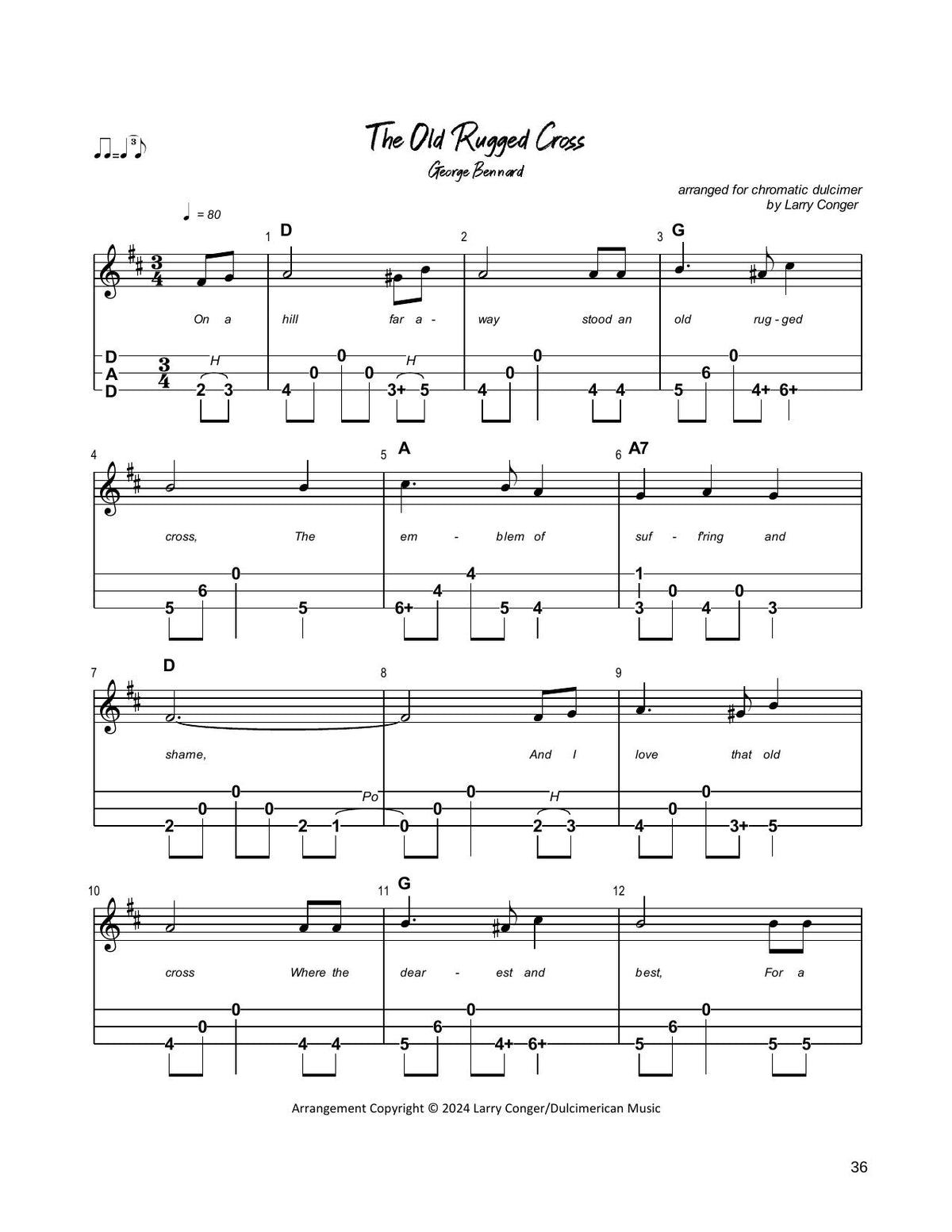 The Old Rugged Cross in mountain dulcimer tab, from Hymns For Chromatic Mountain Dulcimer by Larry Conger