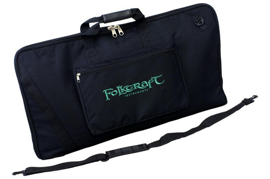 Kantele carrying case, black, embroidered Folkcraft logo, front view with shoulder strap