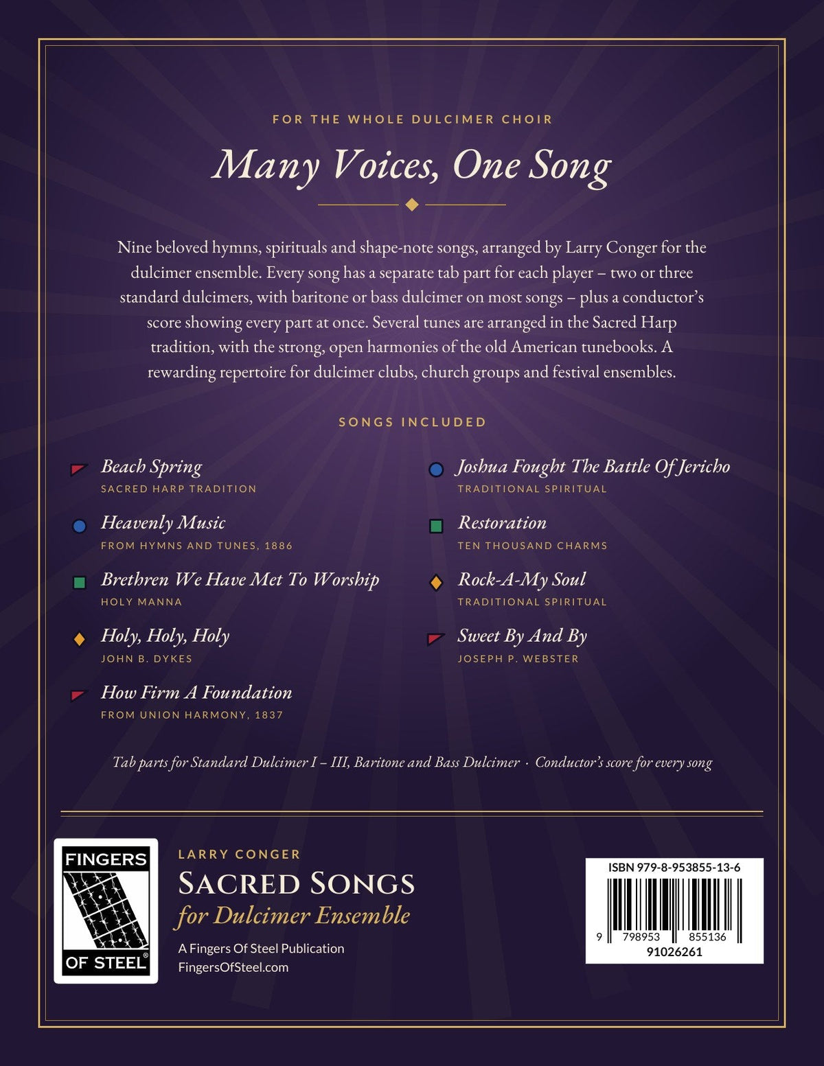 Back cover of Sacred Songs For Dulcimer Ensemble by Larry Conger