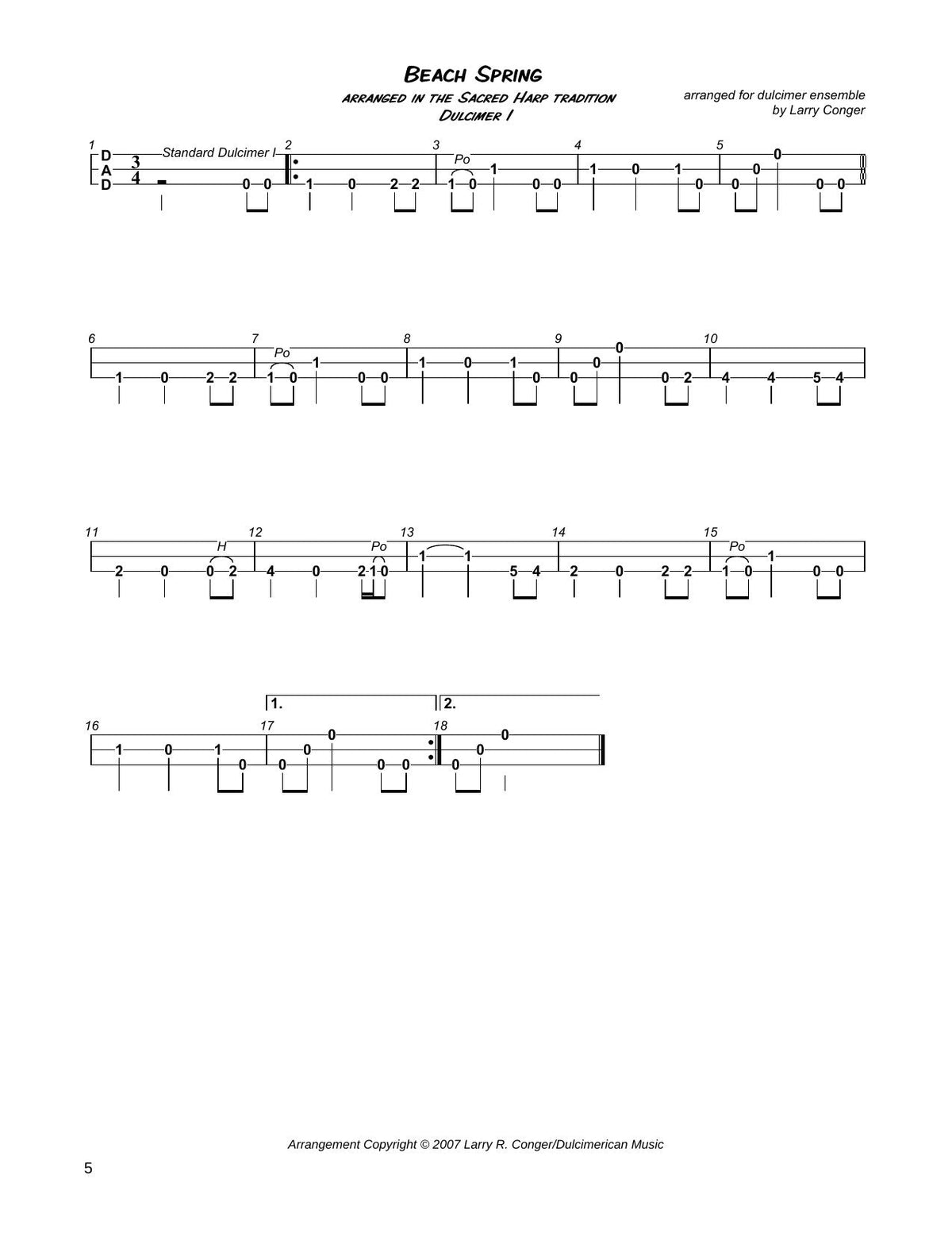 Beach Spring in mountain dulcimer tab, from Sacred Songs For Dulcimer Ensemble by Larry Conger
