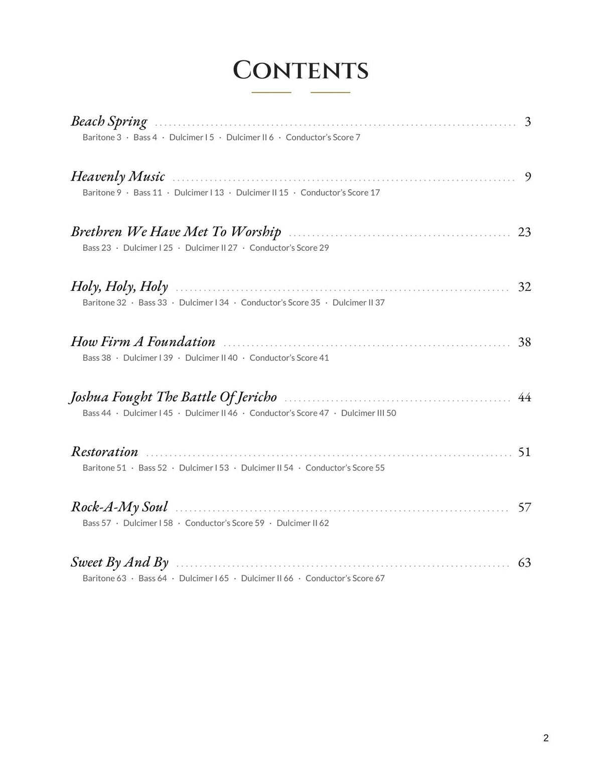 Table of contents of Sacred Songs For Dulcimer Ensemble by Larry Conger