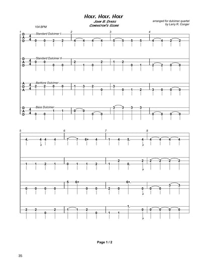 Holy, Holy, Holy conductor's score in dulcimer tab, from Sacred Songs For Dulcimer Ensemble by Larry Conger