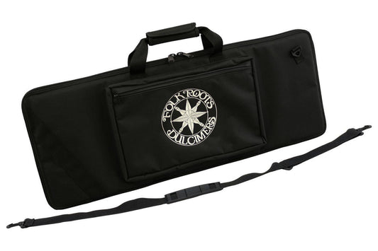 Small-size dulcimer case, black, embroidered FolkRoots Dulcimers logo, front view with shoulder strap