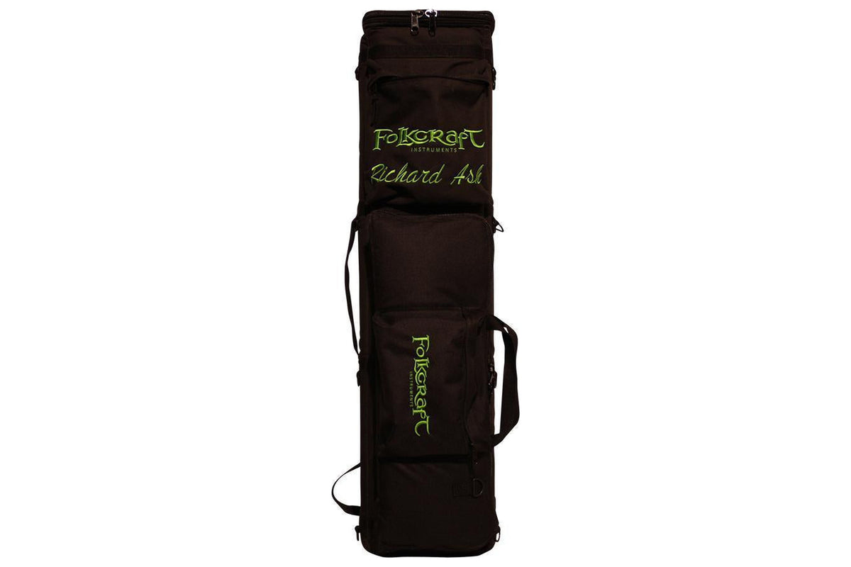 Tin whistle/Native American flute carrying case, black, embroidered Folkcraft Instruments logo, standing upright with personalized embroidery