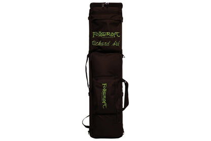 Tin whistle/Native American flute carrying case, black, embroidered Folkcraft Instruments logo, standing upright with personalized embroidery