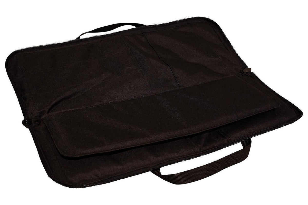 Tin whistle/Native American flute carrying case, black, embroidered Folkcraft Instruments logo, open, interior view