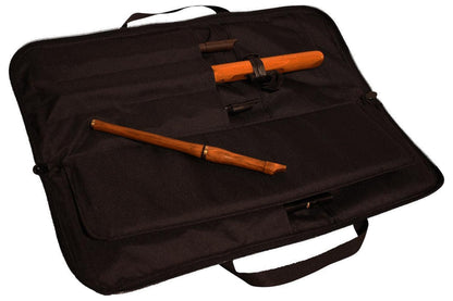 Tin whistle/Native American flute carrying case, black, embroidered Folkcraft Instruments logo, open with flutes inside