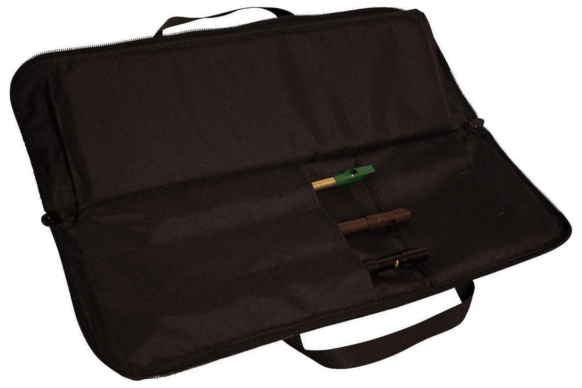 Tin whistle/Native American flute carrying case, black, embroidered Folkcraft Instruments logo, open with whistles inside