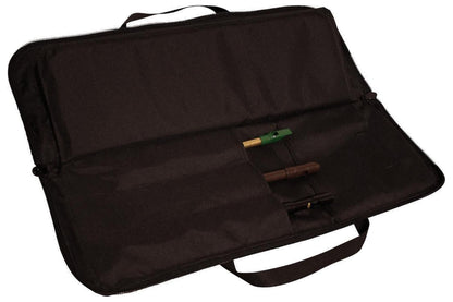 Tin whistle/Native American flute carrying case, black, embroidered Folkcraft Instruments logo, open with whistles inside