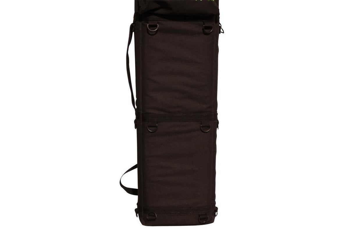 Tin whistle/Native American flute carrying case, black, embroidered Folkcraft Instruments logo, standing upright, back view