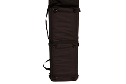 Tin whistle/Native American flute carrying case, black, embroidered Folkcraft Instruments logo, standing upright, back view