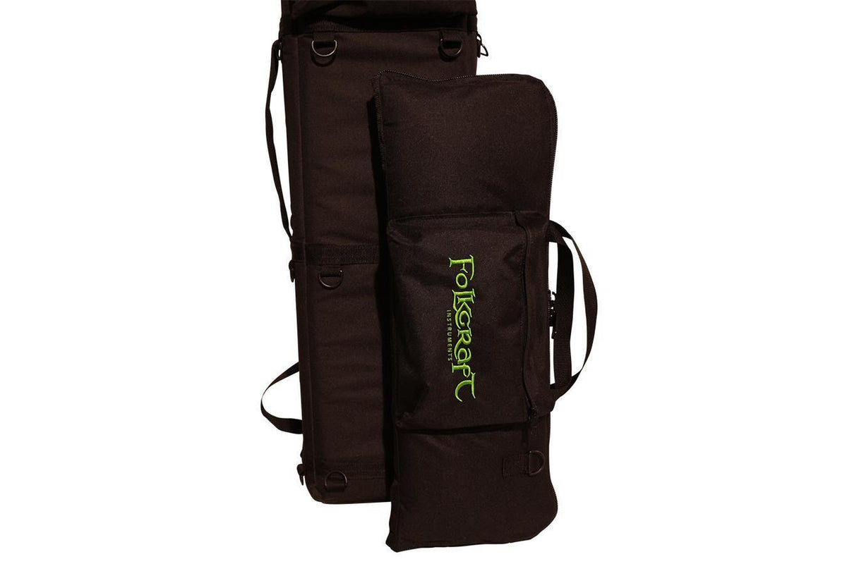Tin whistle/Native American flute carrying case, black, embroidered Folkcraft Instruments logo, standing upright, front pocket