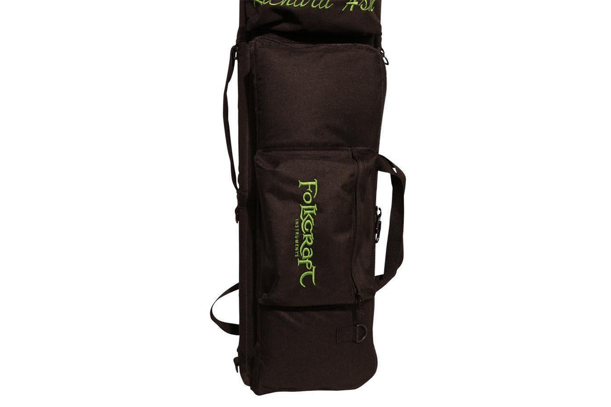 Tin whistle/Native American flute carrying case, black, embroidered Folkcraft Instruments logo, standing upright, front pocket detail