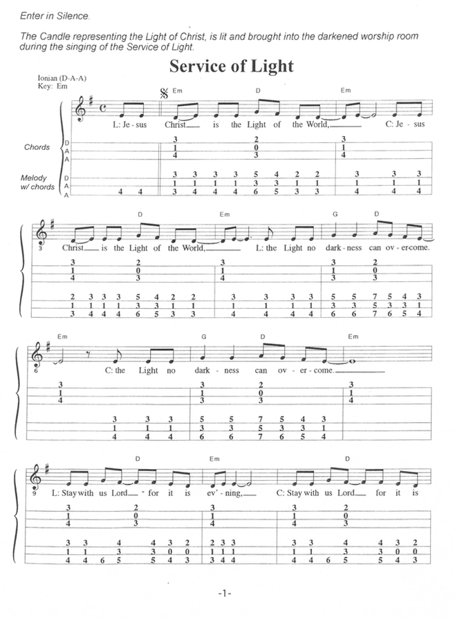 Service of Light in mountain dulcimer tab, from Dulcimer-Friendly Worship, Vol. 2