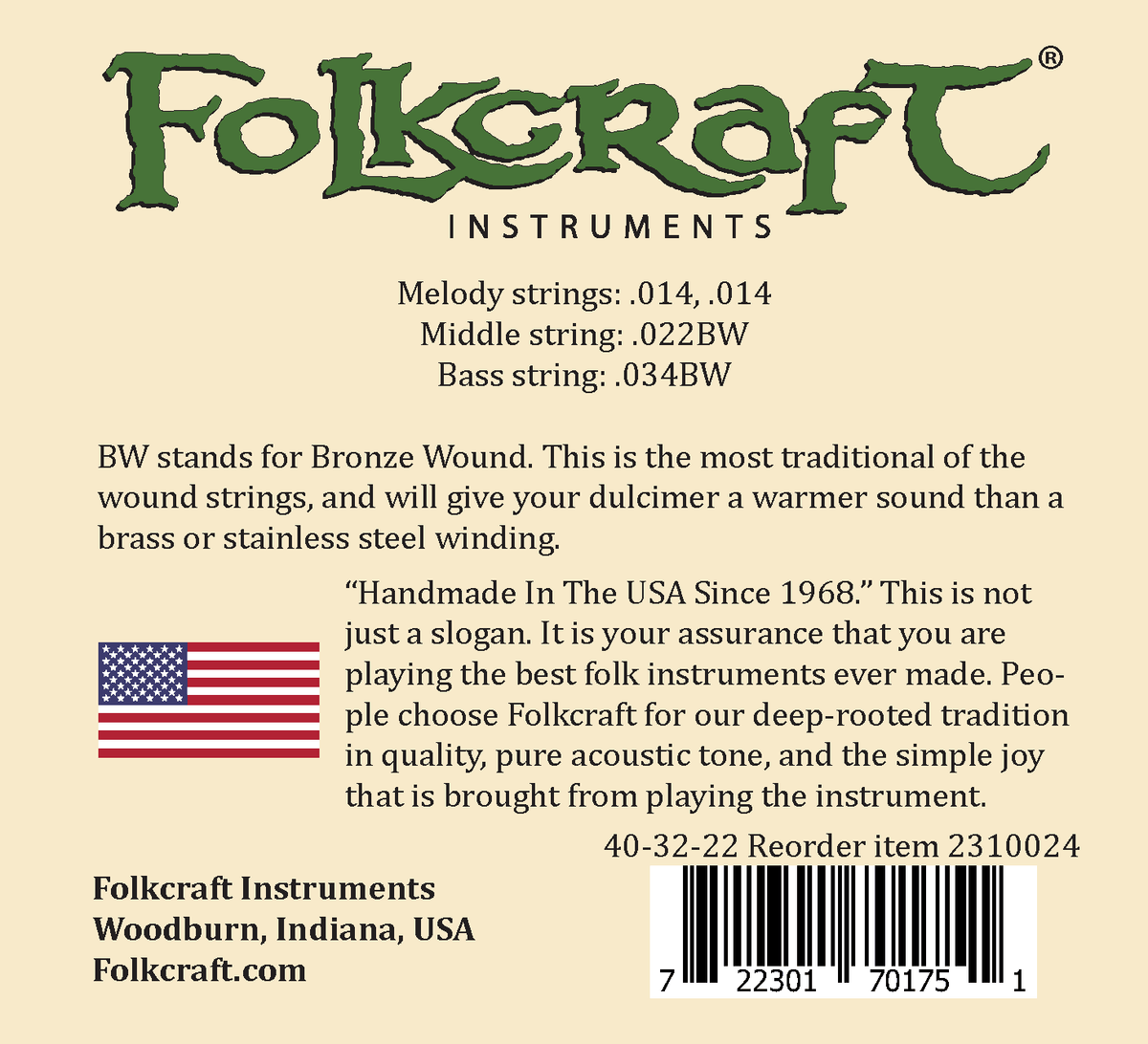 Folkcraft® Mountain Dulcimer String Set, Baritone, Ball Ends (.014" .014" .022"BW .034"BW)-Folkcraft Instruments