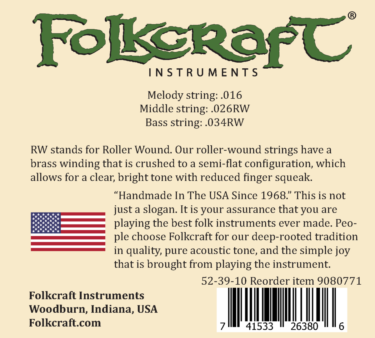 Folkcraft® Mountain Dulcimer String Set, Baritone, Ball Ends (.016" .026"RW .034"RW)-Folkcraft Instruments