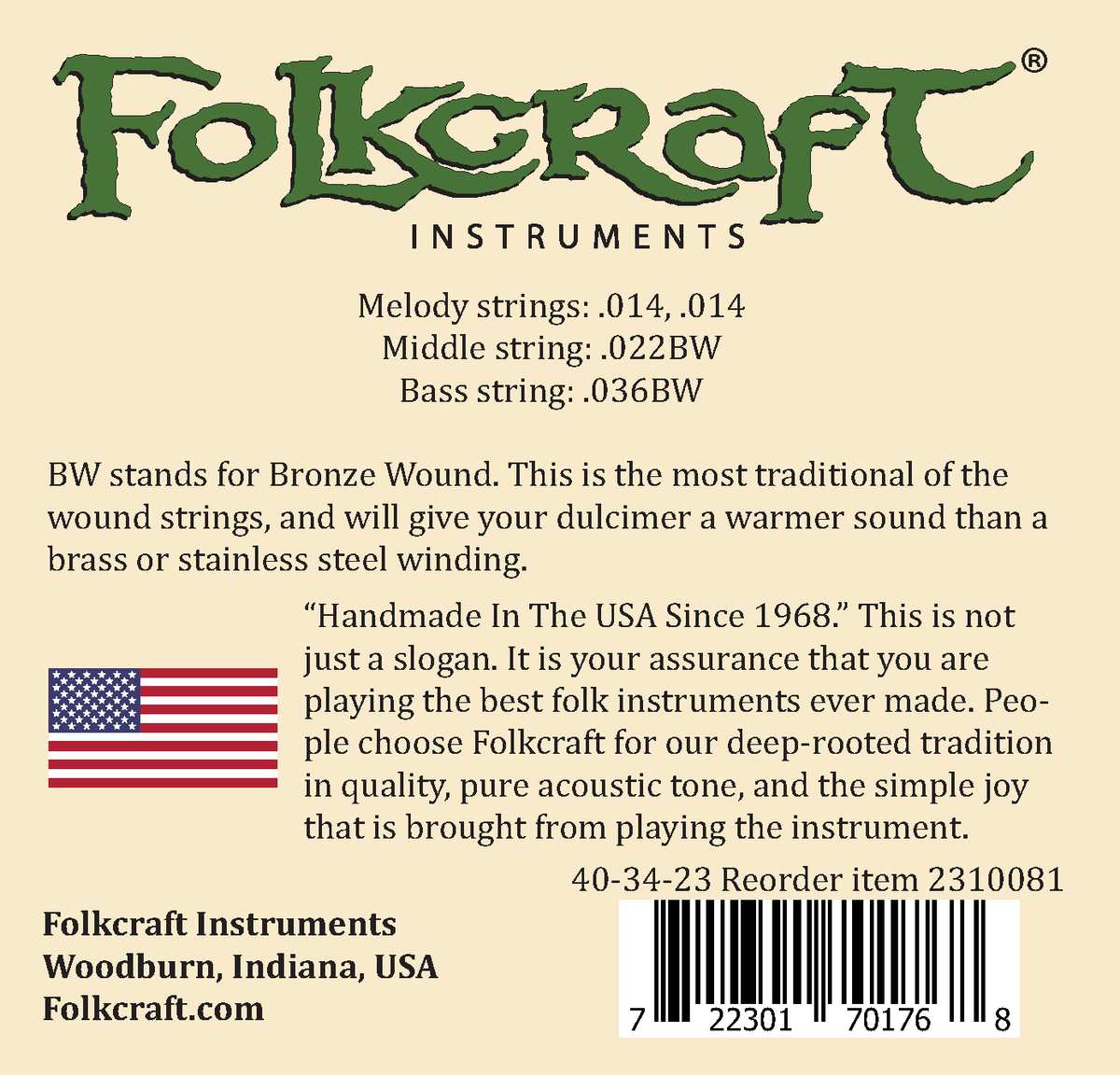 Folkcraft® Mountain Dulcimer String Set, Baritone, Loop Ends (.014" .014" .022BW" .036"BW)-Folkcraft Instruments