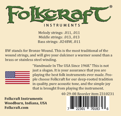 Folkcraft® Mountain Dulcimer String Set, Six String, Ball Ends (.011" .011" .013" .013" .024"BW .011")-Folkcraft Instruments
